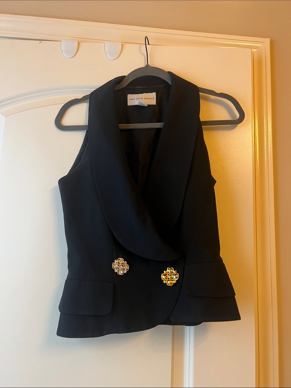 Saks Fifth Avenue Black Sleeveless Shawl Collar Vest with Gold Floral Buttons